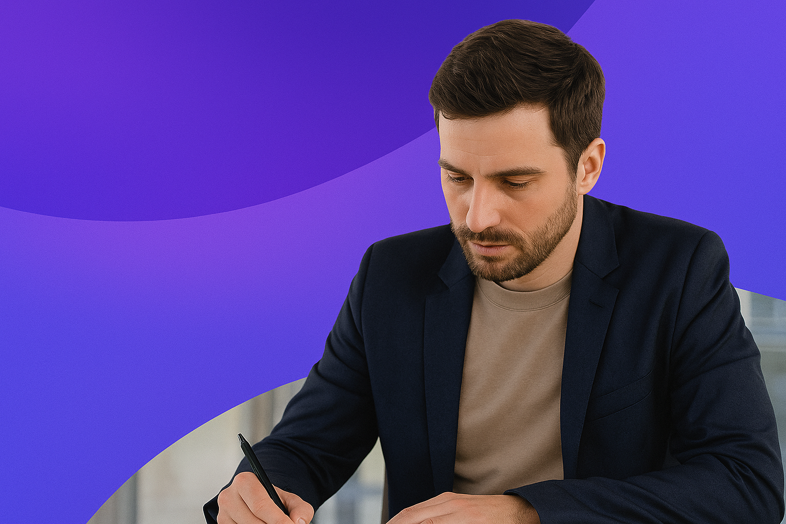 Persona firmando escrituras ante notario público